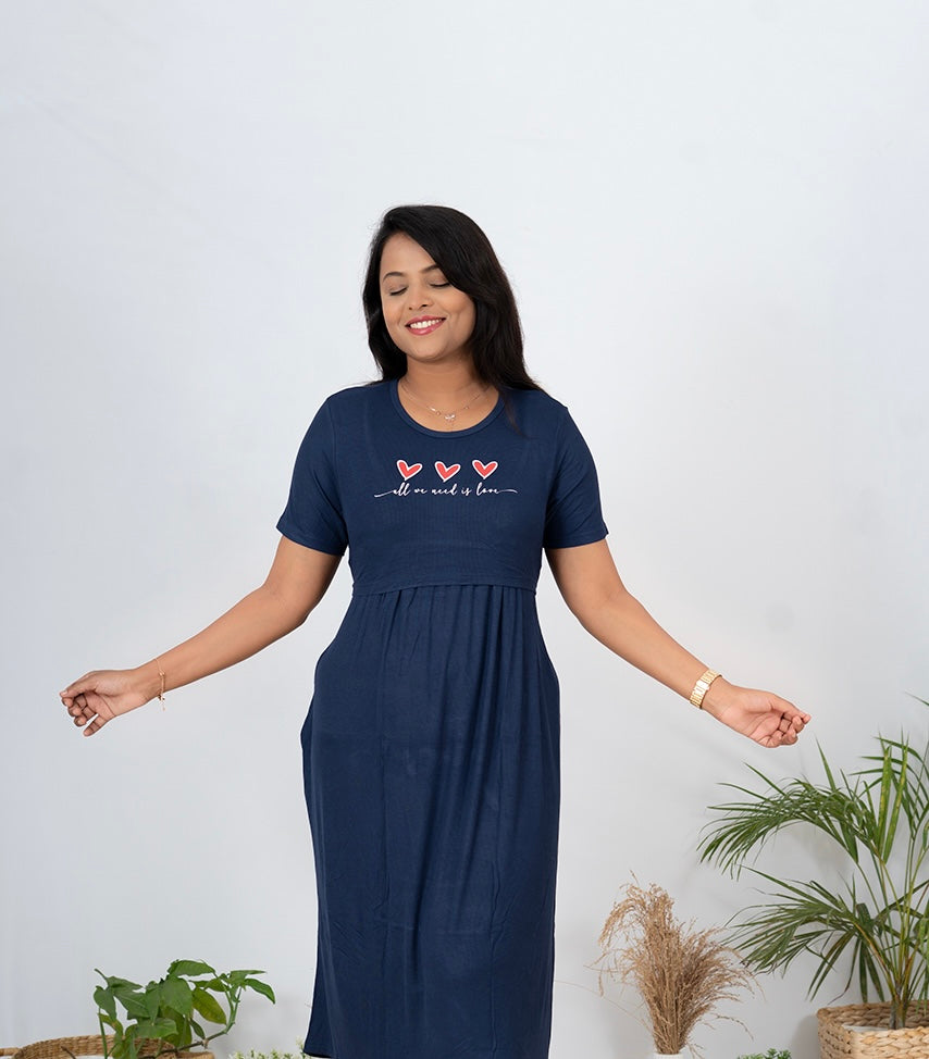 Maxi Navy Heart Dress Ribbed light weight ( minor embroidery variation so sold at sale price)