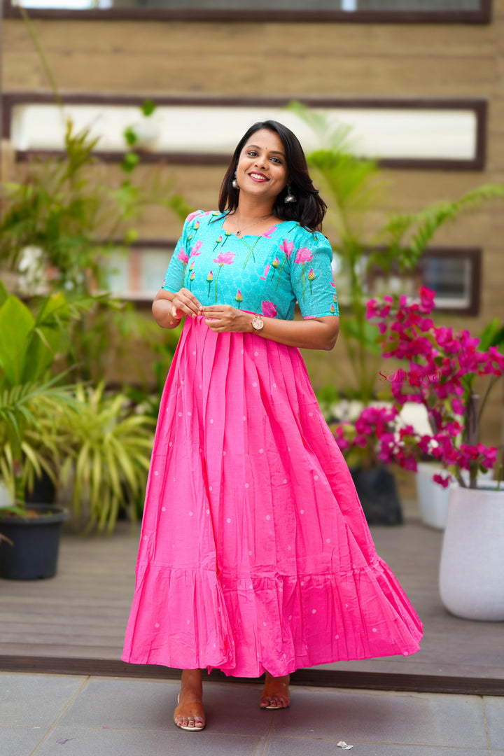 Maxi Lotus Hakoba-handloom cotton  Dress With Lining