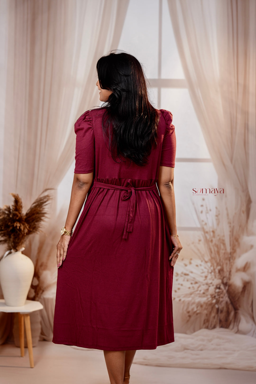 Calf length Wine love Ribbed Light Weight Dress