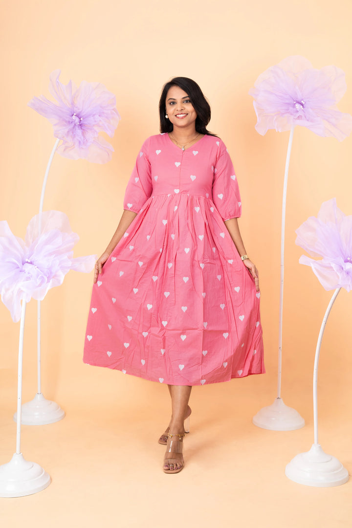 Baby Pink heart embroidered pure cotton casual  Dress With Lining