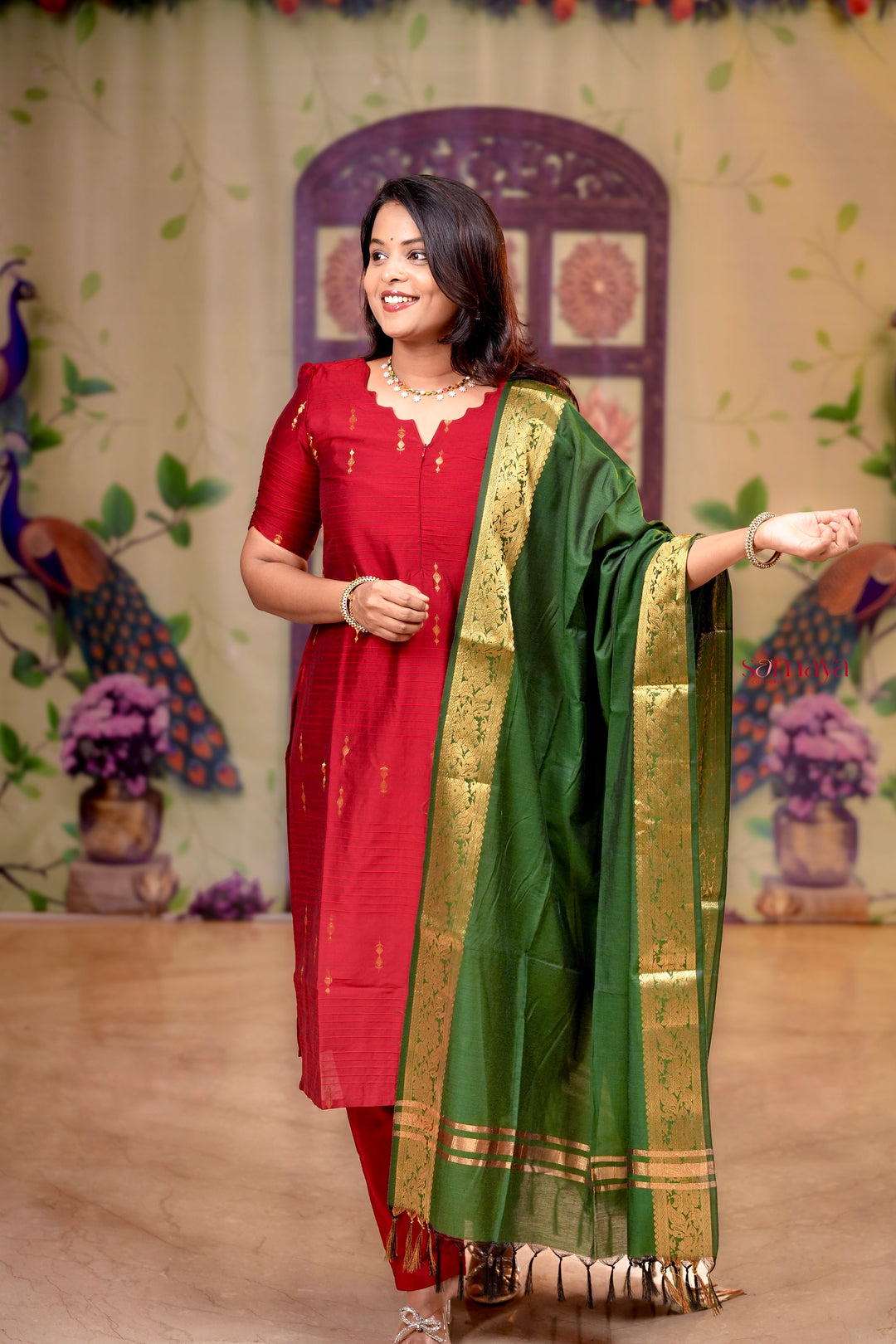 Mahalakshmi  raw silk Kurta Set of 3 with golden silk zari dupptta