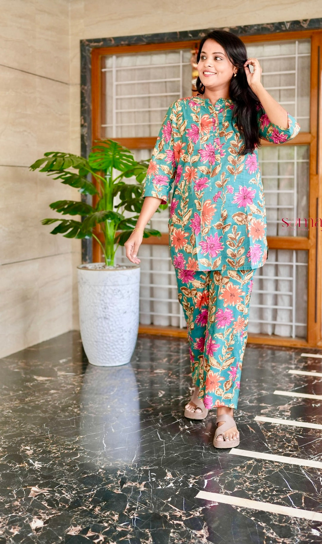 HAASYA-Green orange Night Co-ord Set