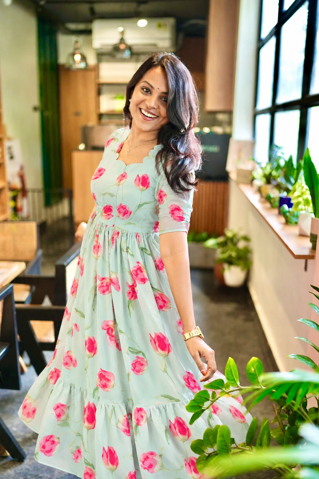 Rose georgette casual  Dress With Lining ( No-Iron Everyday Dress)