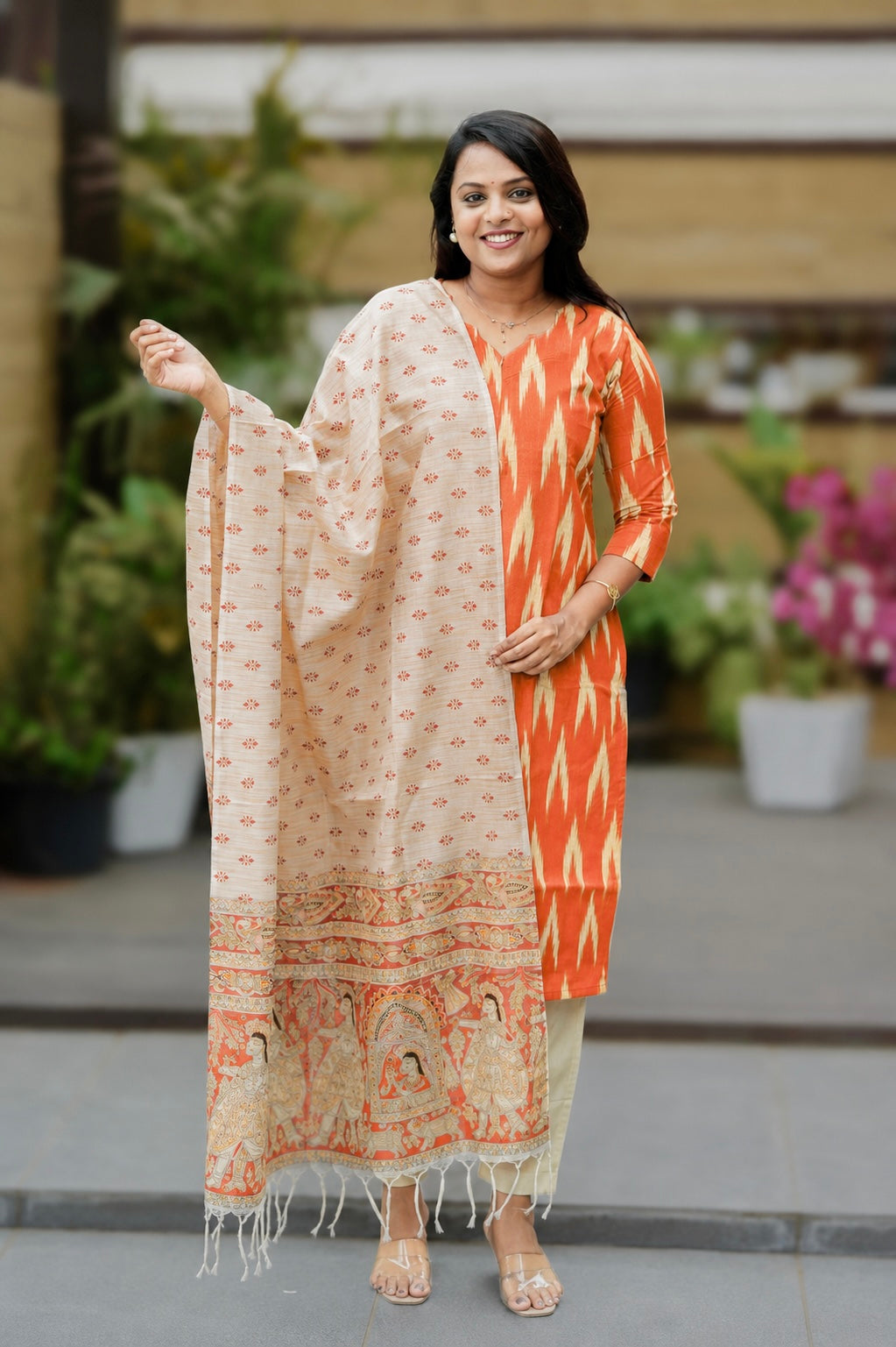 Pari -Orange Ikkat  Cotton 3 piece Set with madubhani dupptta