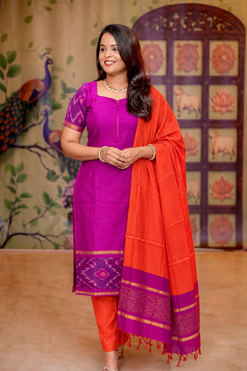 Shanthini -  Pink with orange  3 piece Pochampally  suit set with Dupatta