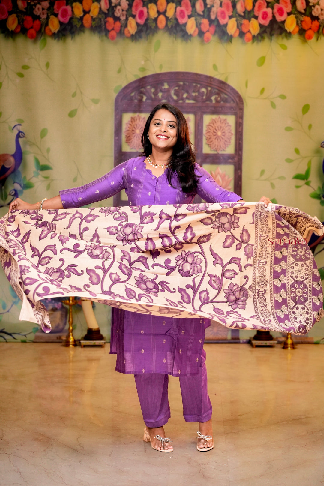Malar- Lavender raw silk Kurta Set with hand painted kalamkari cotton dupptta