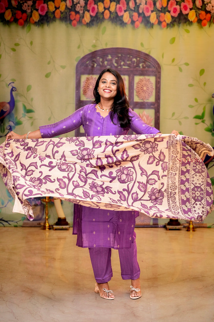 Malar- Lavender raw silk Kurta Set with hand painted kalamkari cotton dupptta