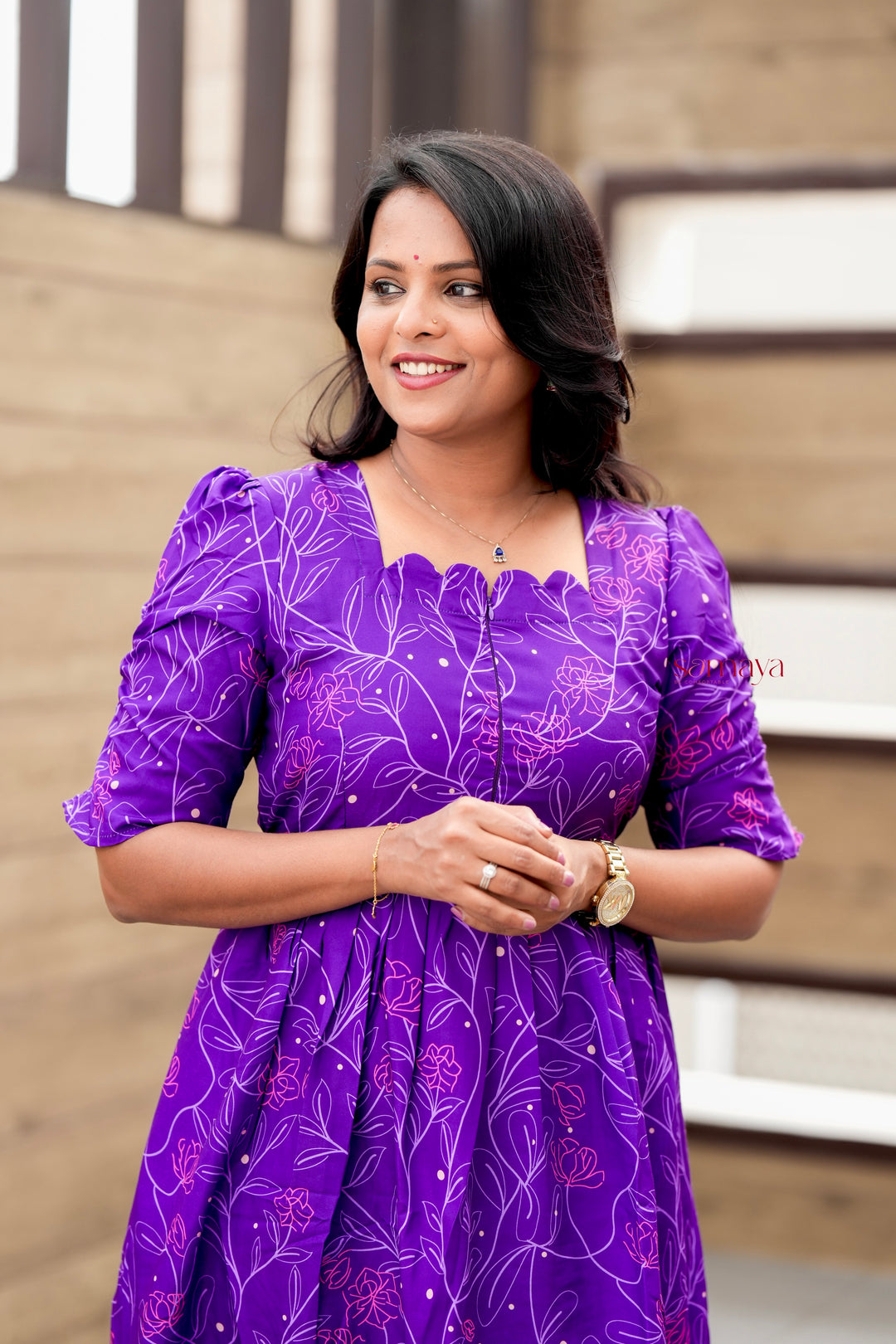 Mridula Purple Dress With lining( Wrinkle-Free Cotton Blend Dress)