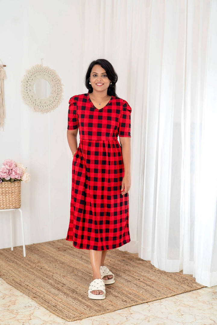 Midi Red Checked Light Weight Dress
