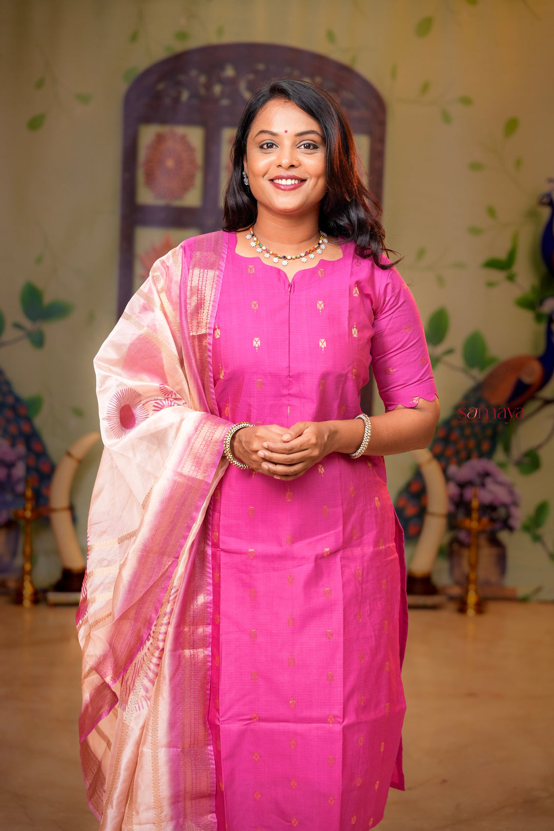 Iniya -pink  raw silk Kurta Set of 3 tissue shimmer zari border dupptta