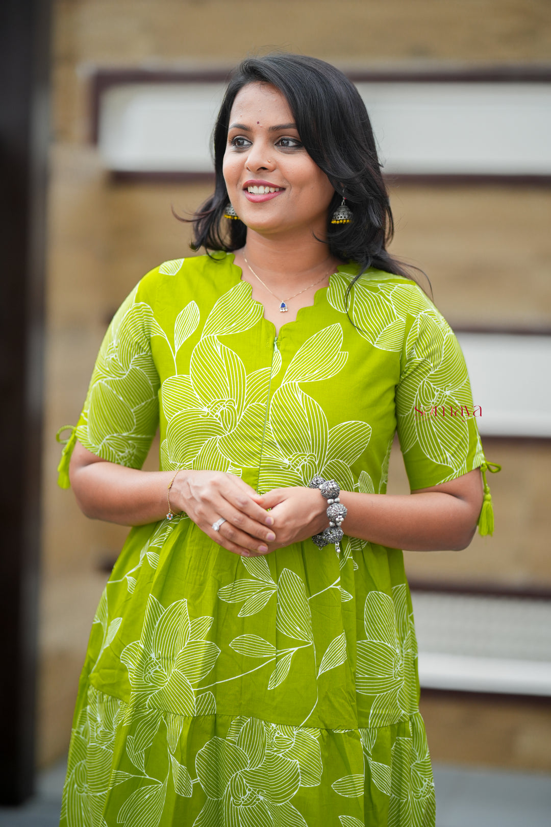 Pachai nirameh casual Dress With Lining