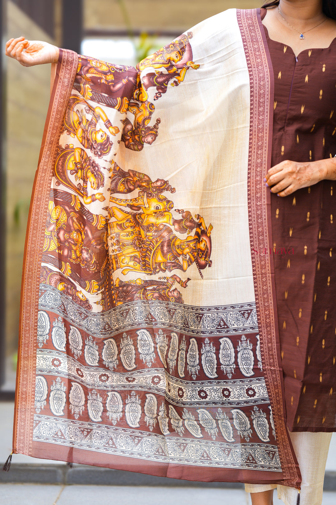 Kaapi- 3 piece salwar suit set with printed kalamkari dupatta