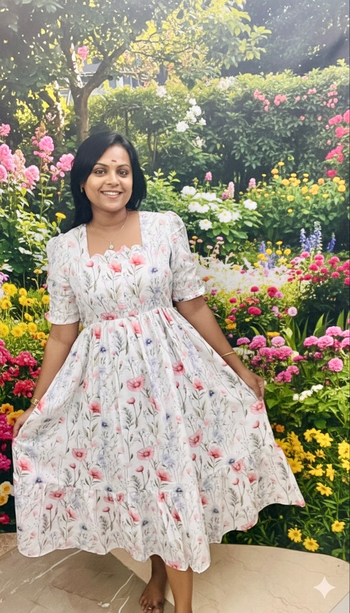 Roh white bloom Dress With Lining