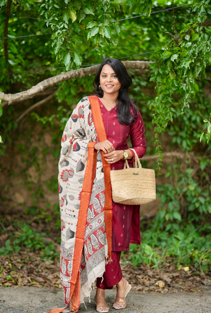 Nithya maroon raw silk Kurta Set with Kalamkari hand painted duptta ( 3 piece set )
