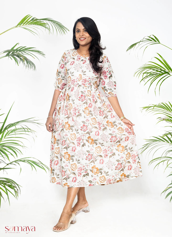 White hand block printed maternity feeding dress with lining ( puff sleeve not 3/4 th sleeve  )