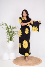 Load image into Gallery viewer, Maxi Sunflower Ribbed Dress with free baby T-shirt (1-2 yrs and 2-3 yrs available )(SAMAYA  exclusive premium fabric) pls mention baby tshirt size in notes
