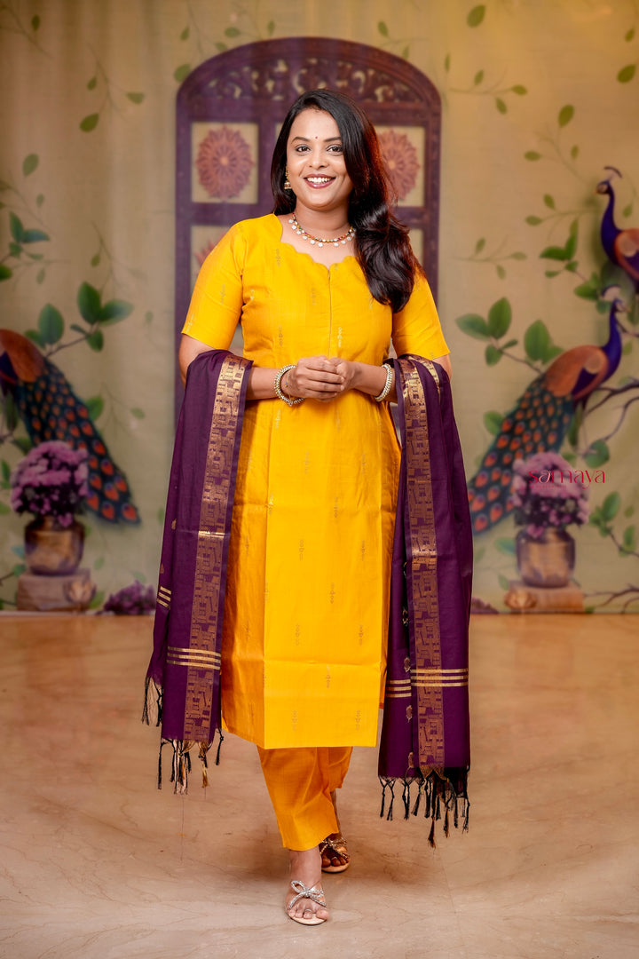 Mango  - yellow soft raw silk Kurta Set of 3 with silk border dupptta
