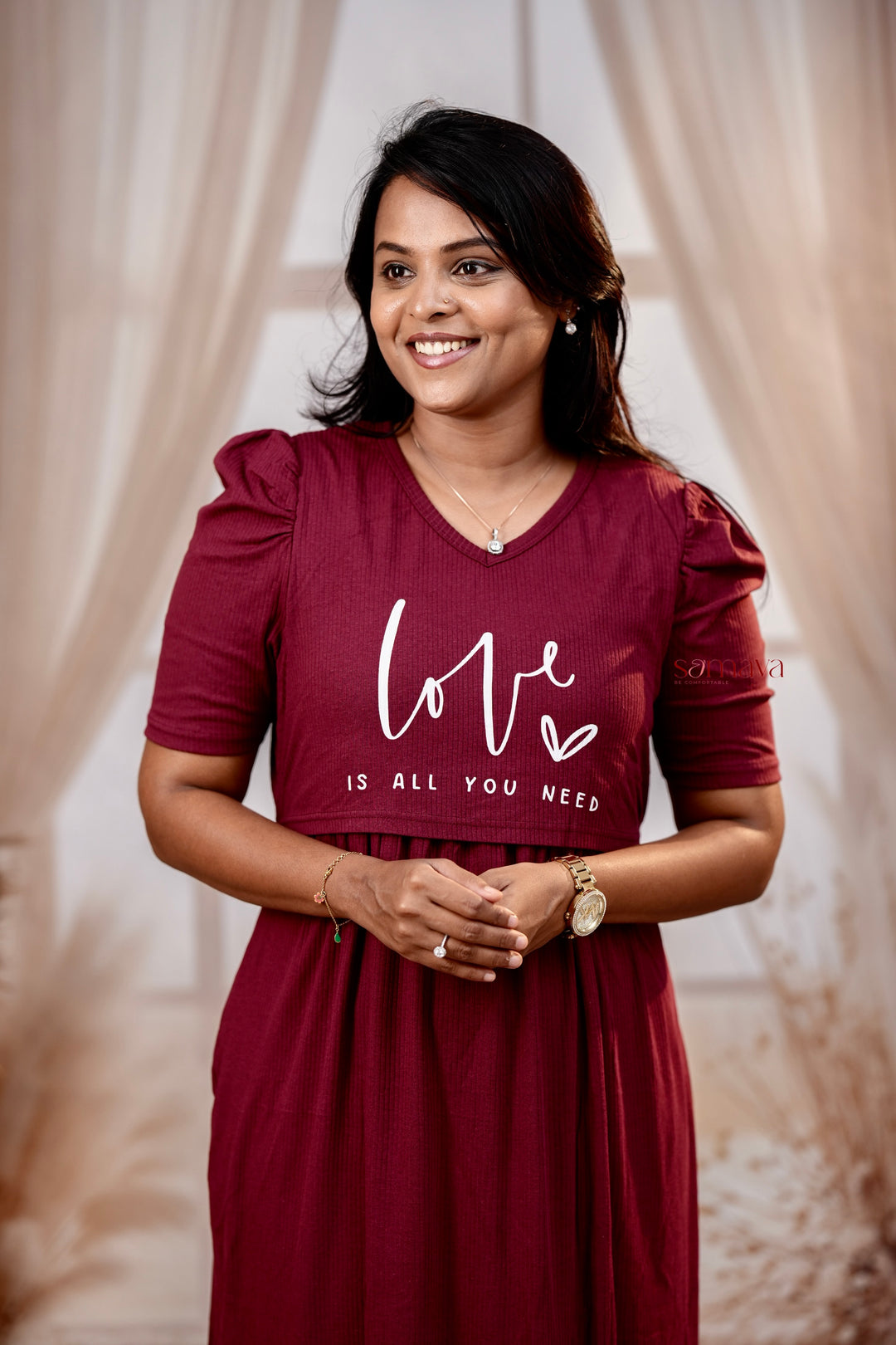 Calf length Wine love Ribbed Light Weight Dress