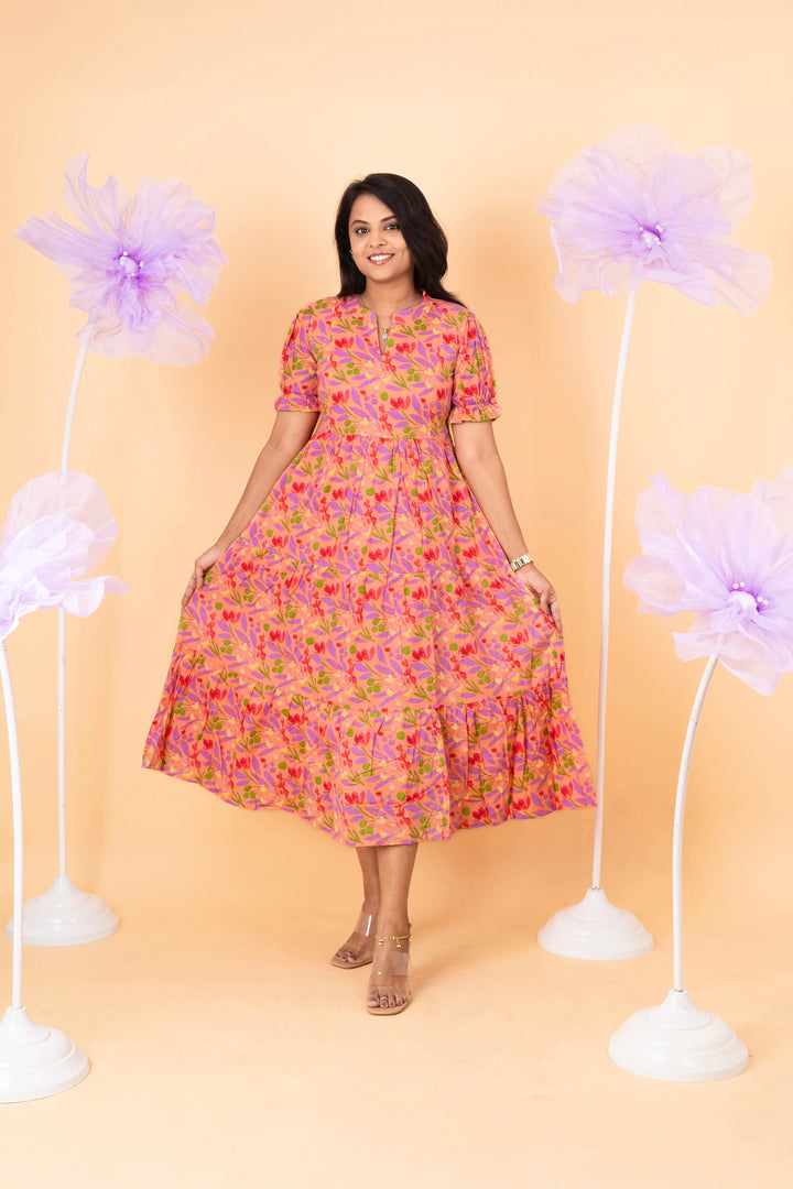 Peach casual  Dress With Lining Non-Maternity & Feeding-Friendly Dress