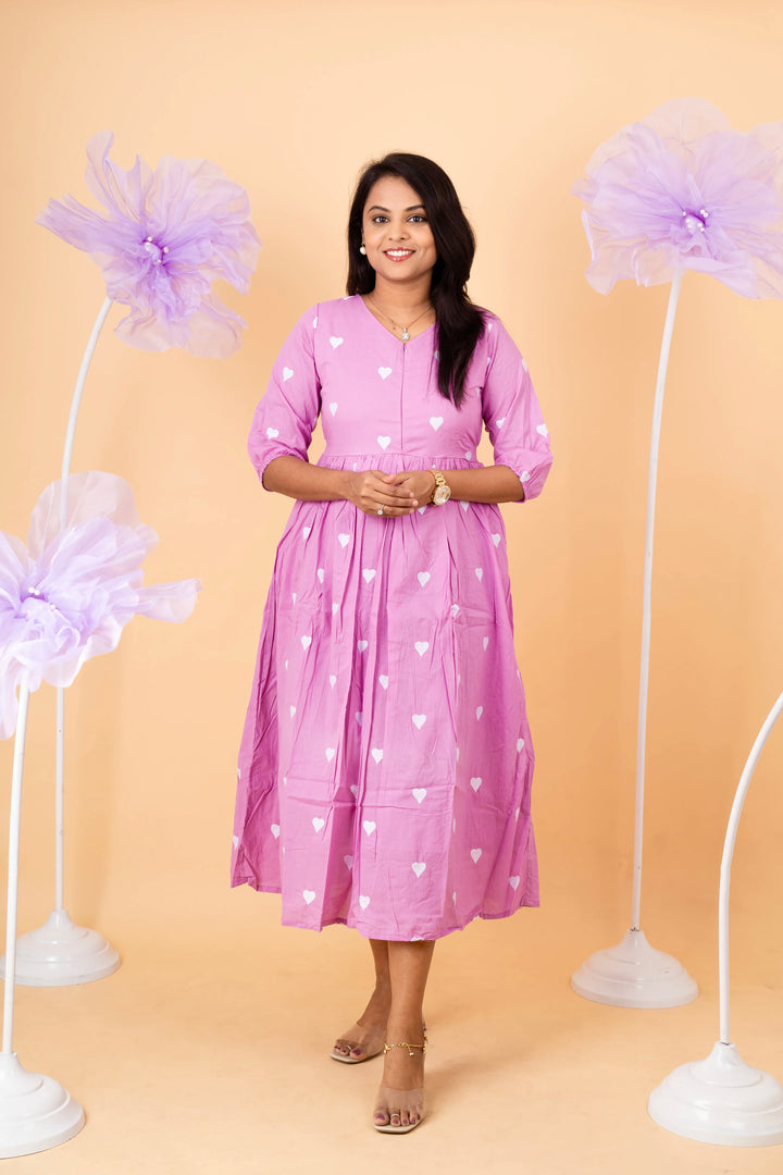 Lavender heart embroidered pure cotton casual  Dress With Lining