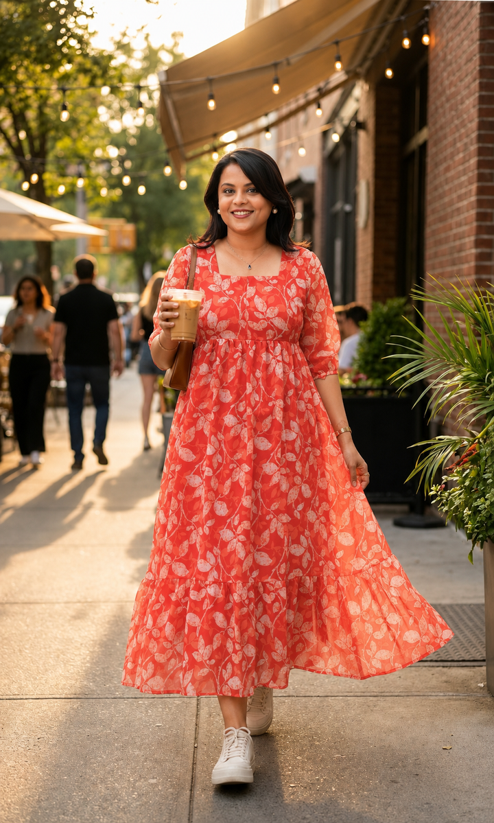 Red georgette casual Dress With Lining ( No-Iron Everyday Dress)