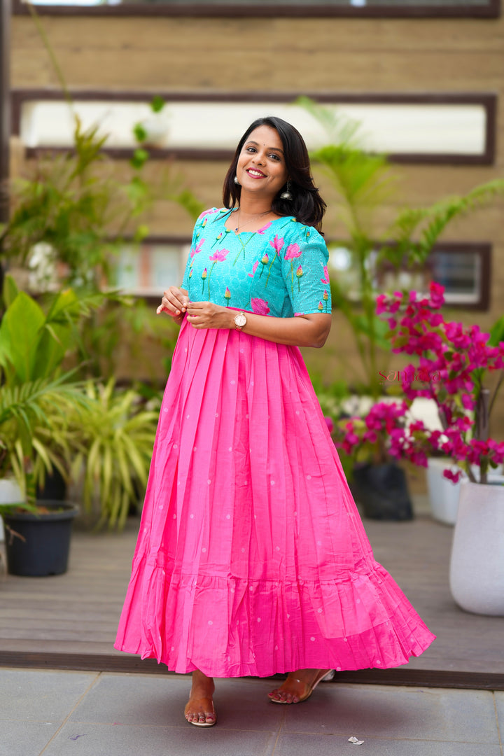 Maxi Lotus Hakoba-handloom cotton  Dress With Lining