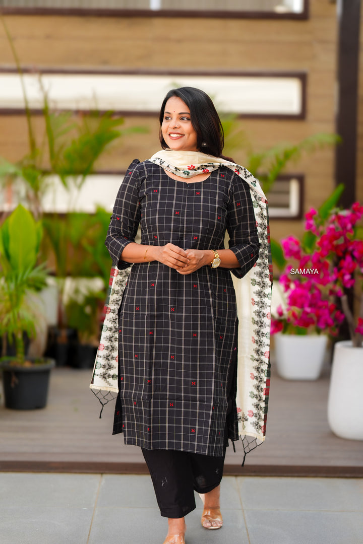 Black checked handloom Cotton 3 piece Set with embroidered dupptta