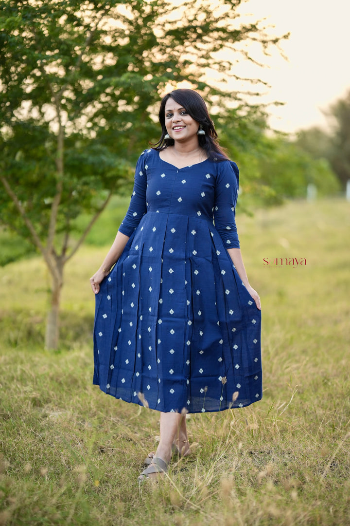 Heartly ( navy blue ) Raw silk  Dress With Lining