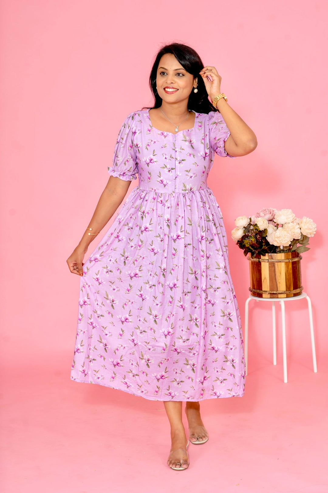 Pink Casual Dress With Lining No-Iron Everyday Dress)