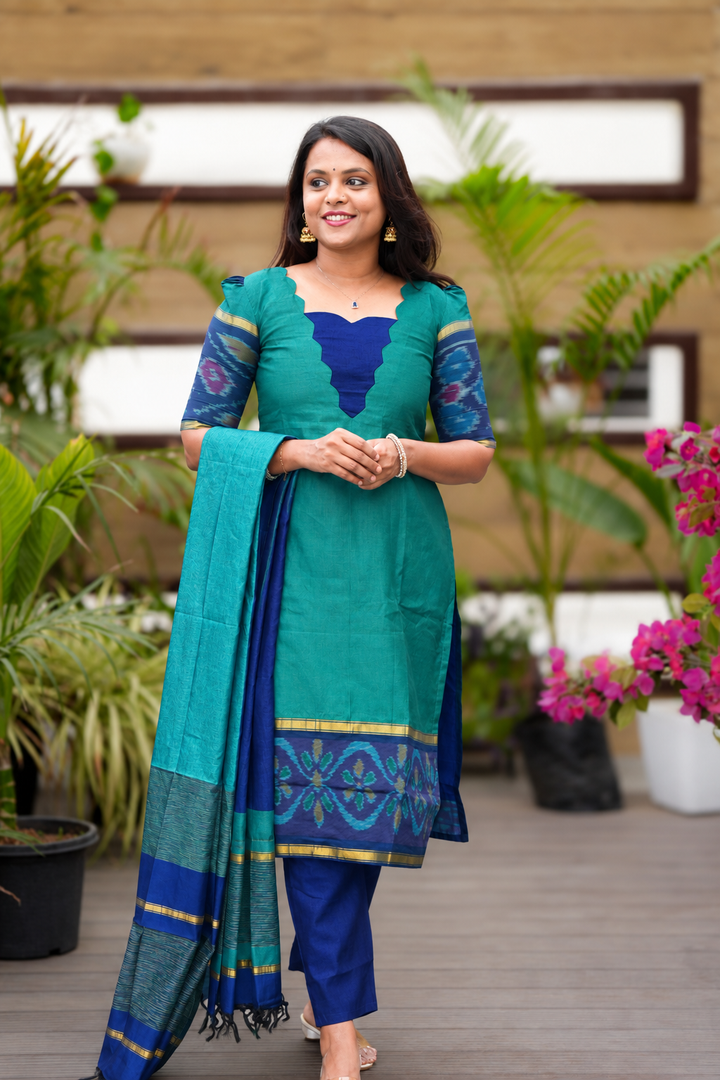 Rama green with blue 3 piece suit set with Dupatta