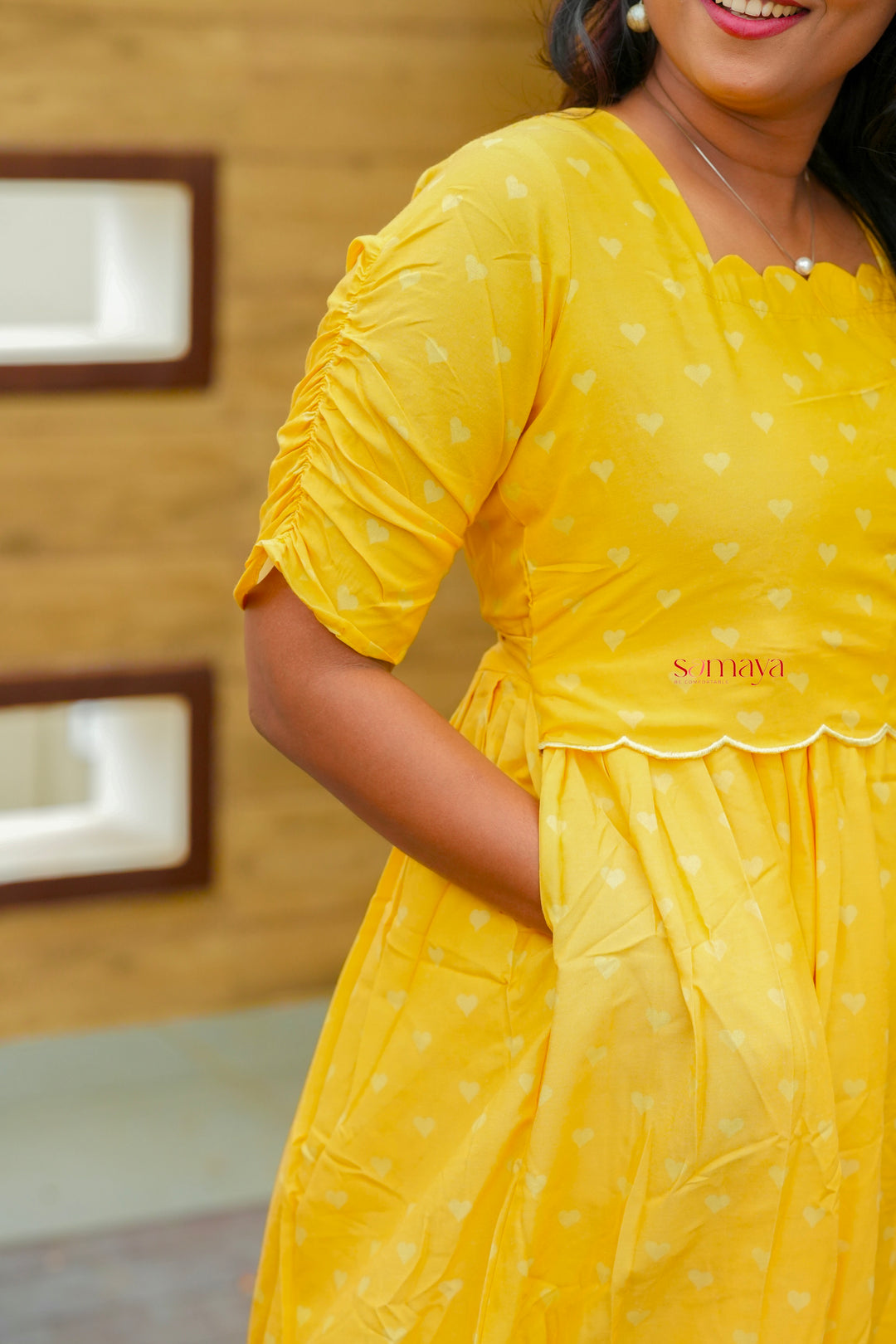 Yellow Casual Dress With Lining( Wrinkle-Free Cotton Blend Dress)