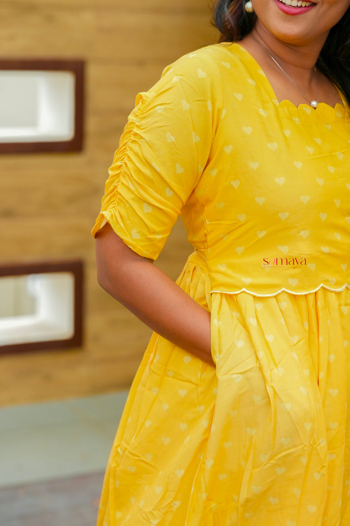 Yellow Casual Dress With Lining( Wrinkle-Free Cotton Blend Dress)