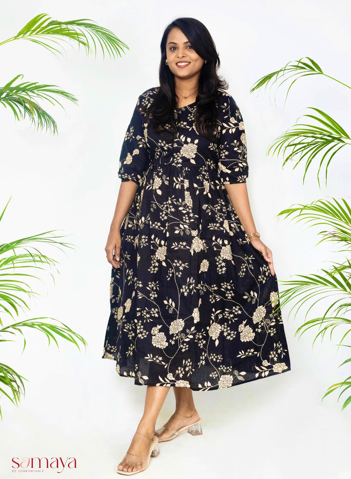 Black  floral  casual  dress with lining