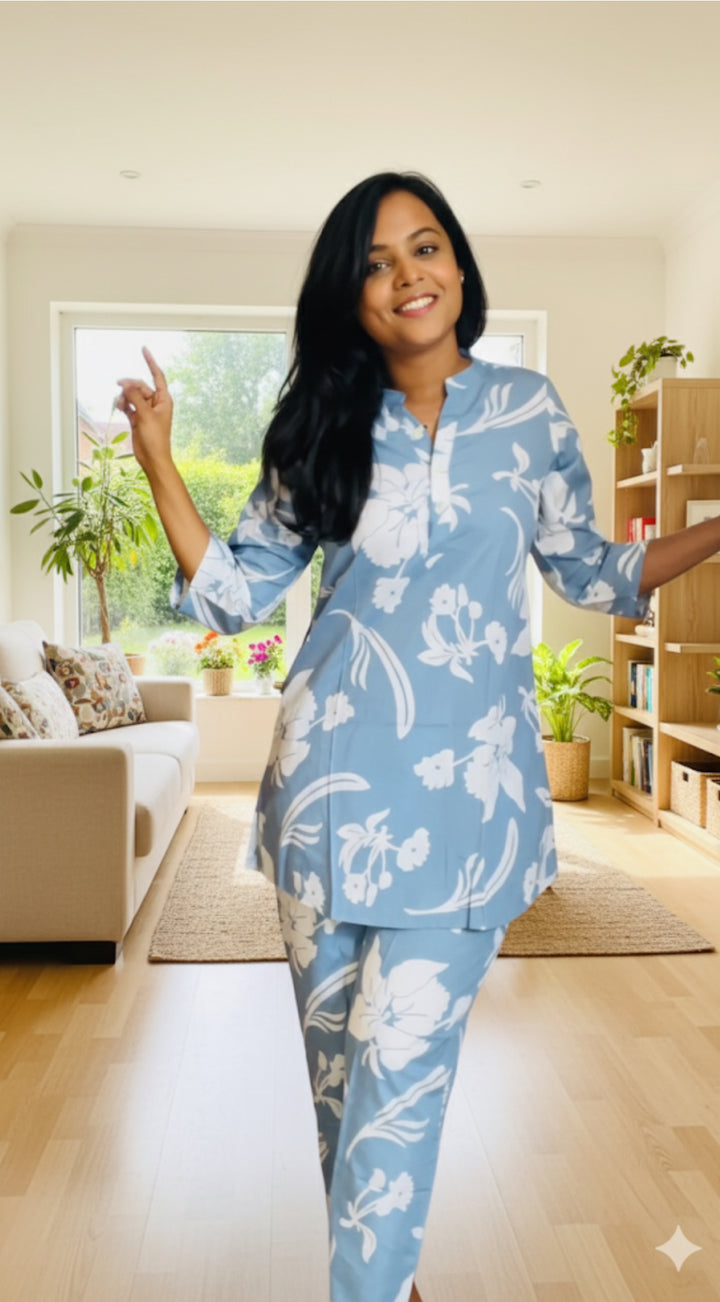 Haasya- blue night suit set (button opening) Relaxed Fit