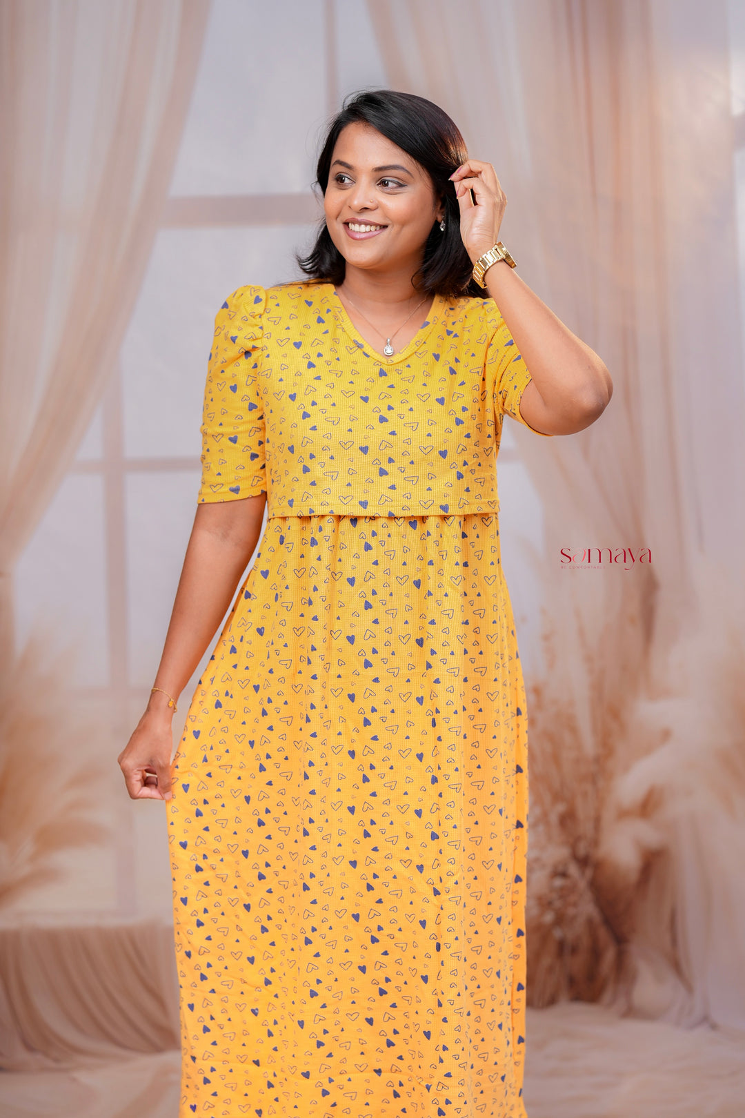 Calf Length Yellow Waffle Light Weight Dress