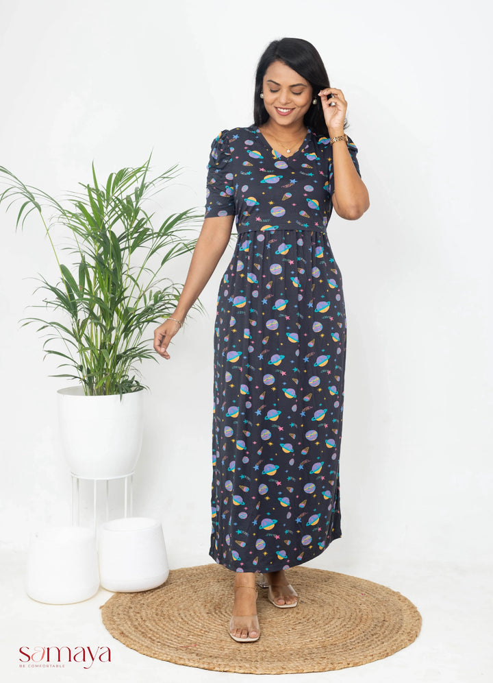 Maxi Grey Planet Light Weight Dress( Minor embroidery variation so sold at sale price )
