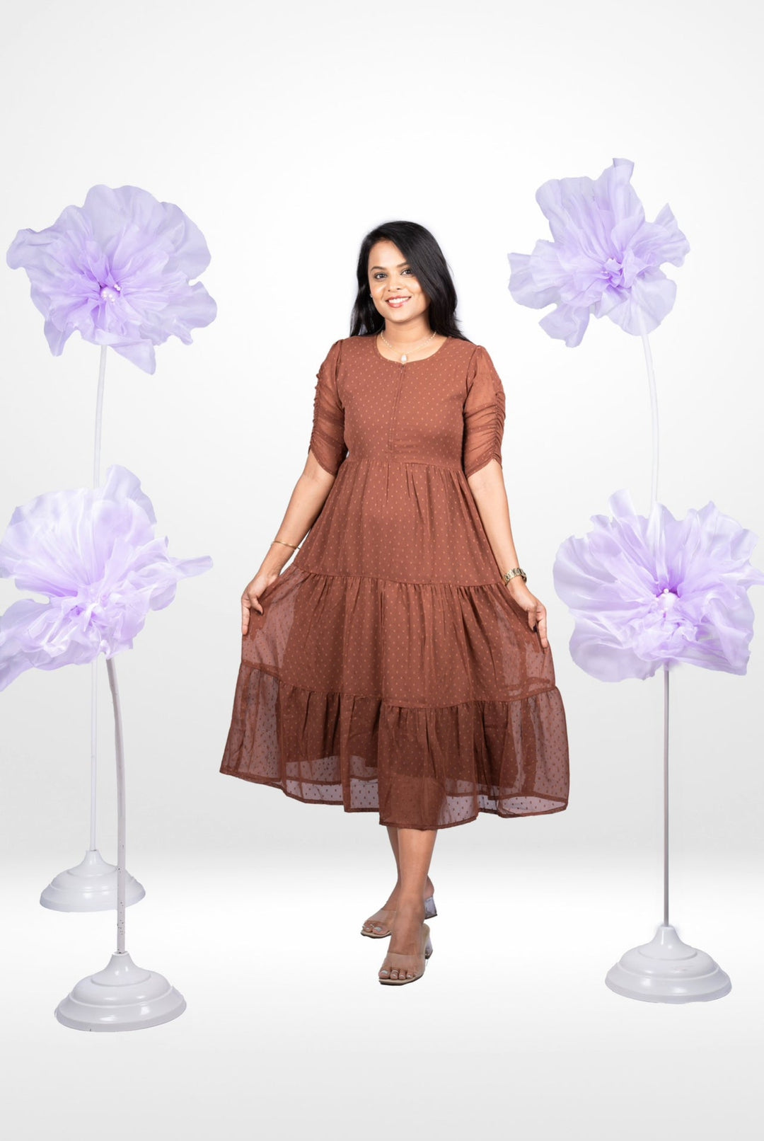Brown georgette casual calf-length dress with lining, puff sleeves, round neckline, and back knot adjustment, suitable for maternity and nursing.