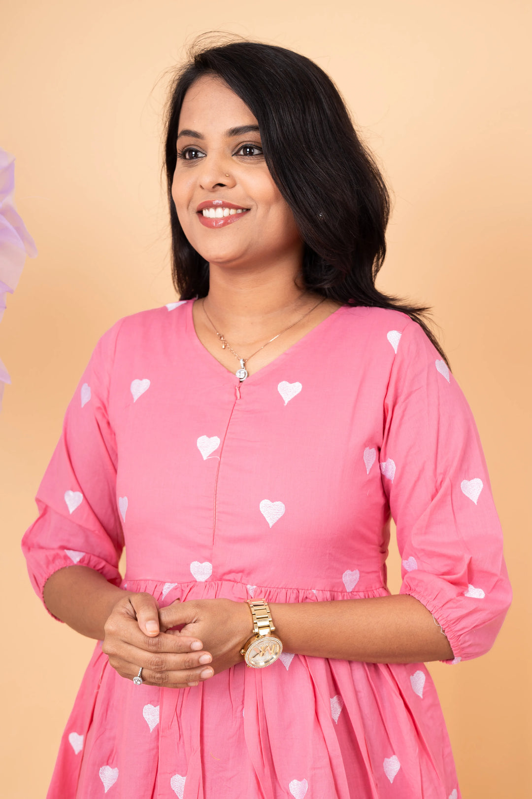 Baby Pink heart embroidered pure cotton casual  Dress With Lining