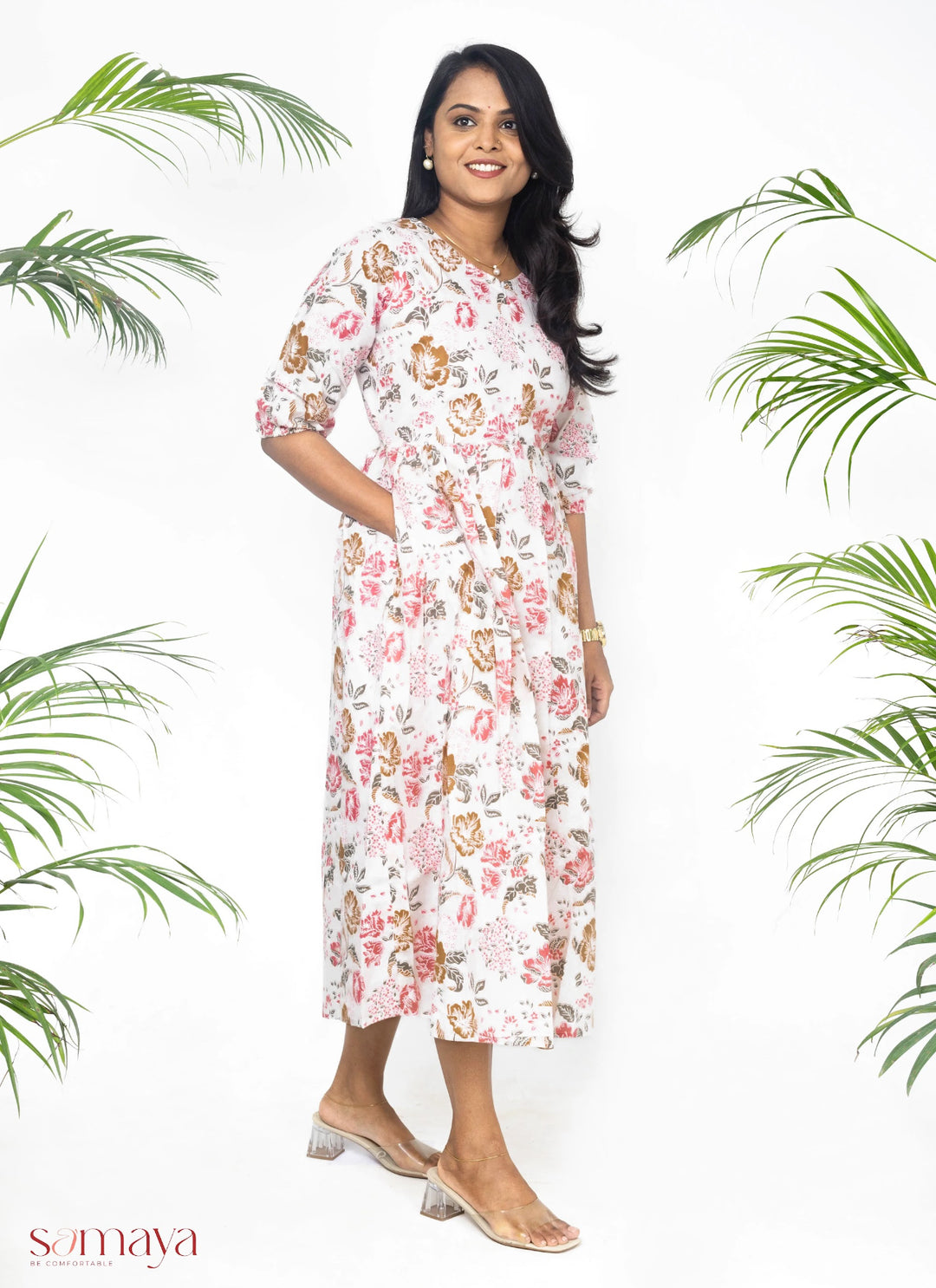 White hand block printed maternity feeding dress with lining ( puff sleeve not 3/4 th sleeve  )