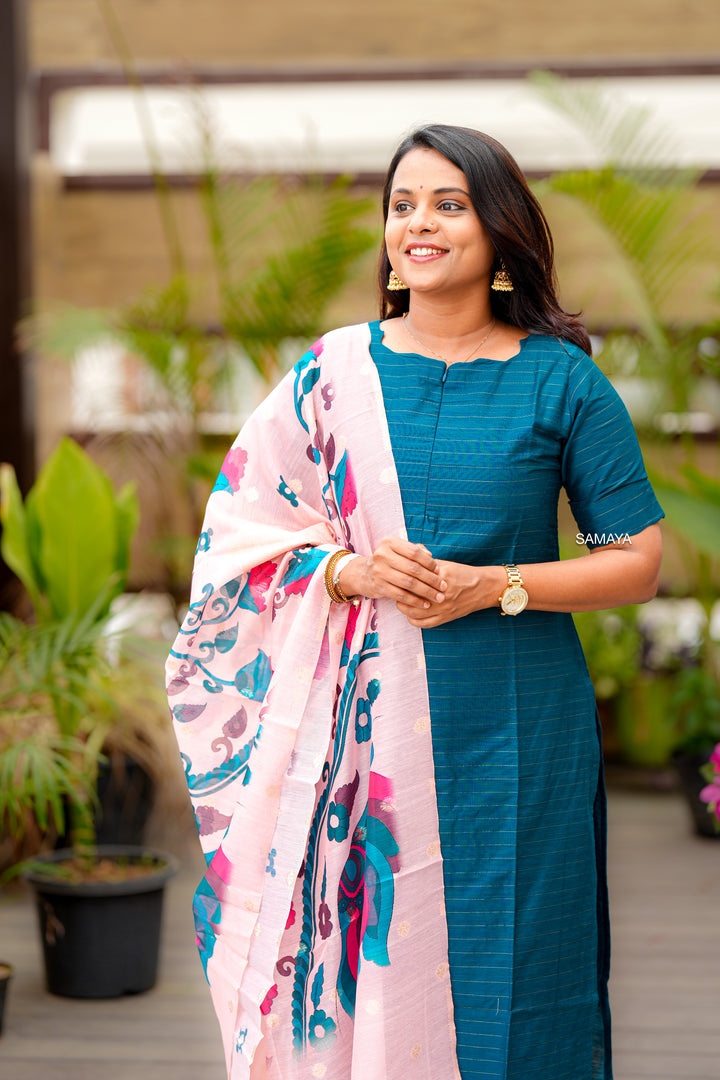Peacock raw silk suit set of 3 with linen gold border