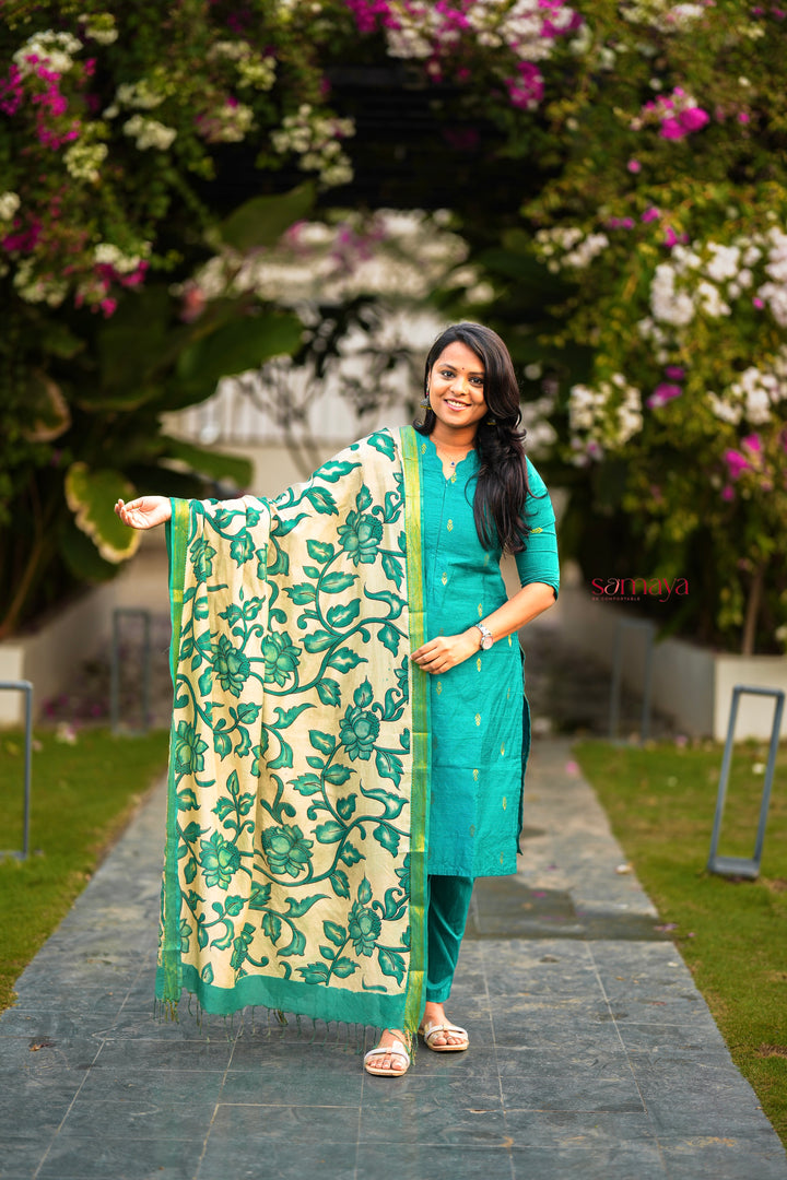 Vaishnavi 3 piece raw silk suit set wth hand painted kalamkari dupptta(pre order)