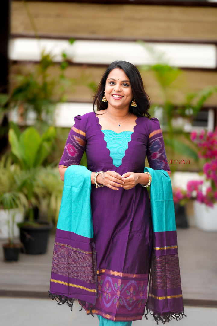 Shanthini -purple  blue   Pochampally 3 piece  suit set with Dupatta
