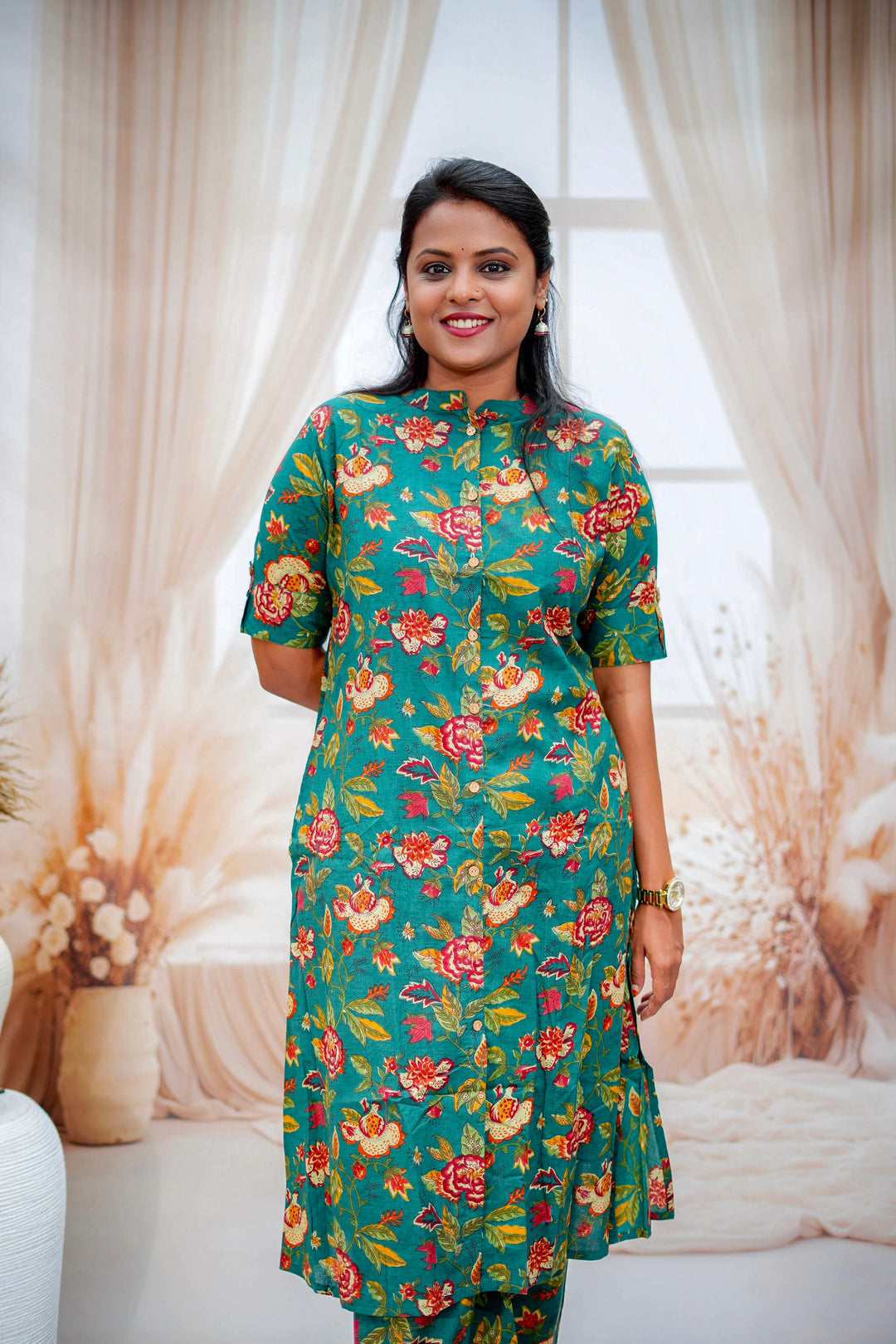 Green cotton kurta set (button opening)