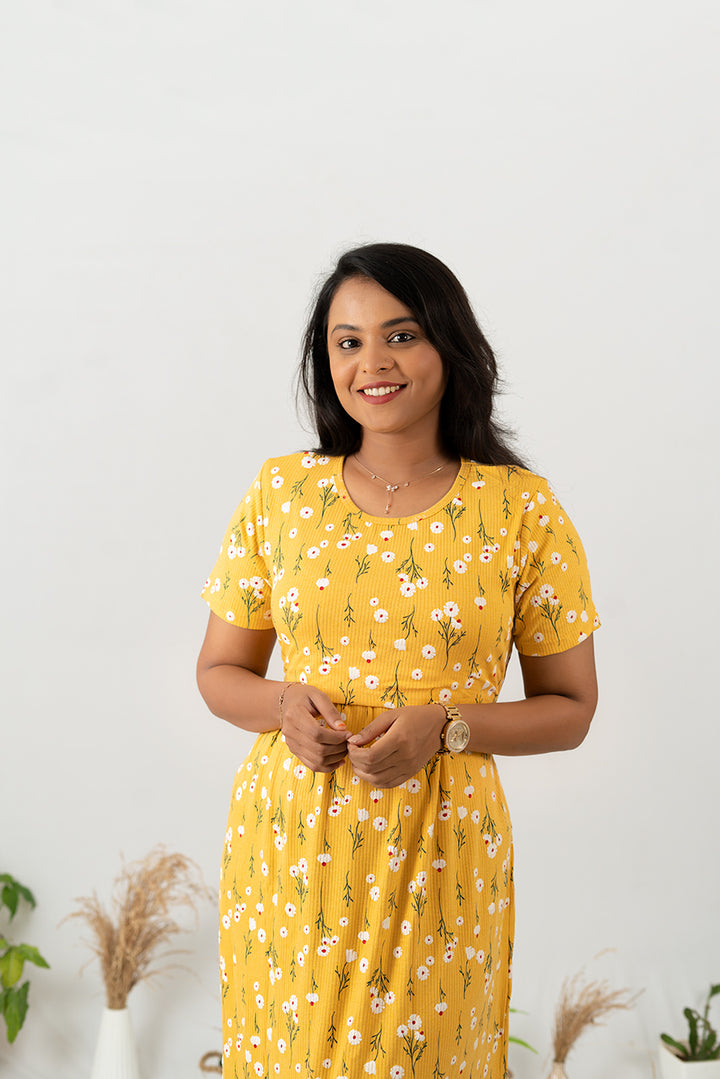 Maxi Yellow Floral Ribbed Dress( Minor embroidery variation )