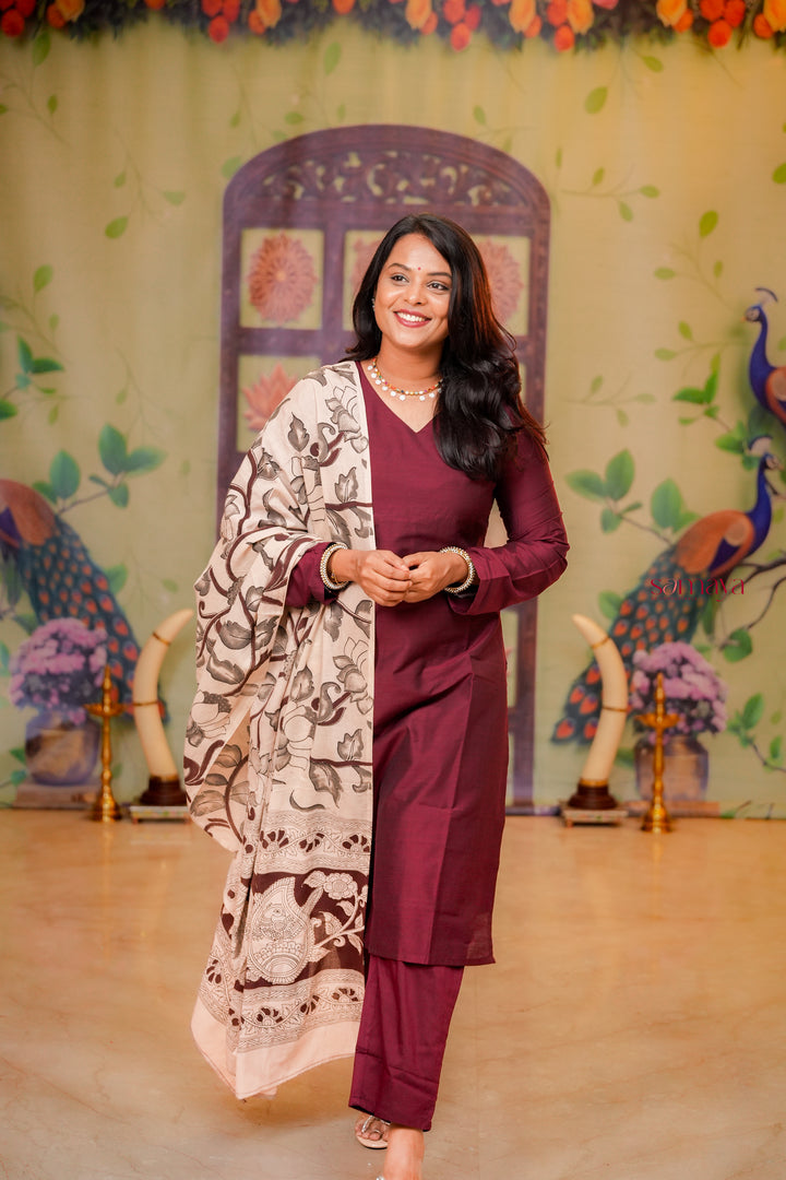 Malar -maroon  raw silk Kurta Set with hand painted kalamkari cotton dupptta