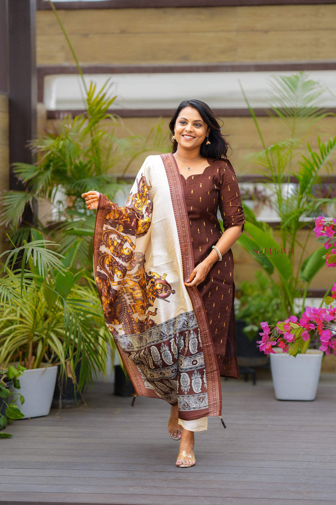Kaapi- 3 piece salwar suit set with printed kalamkari dupatta