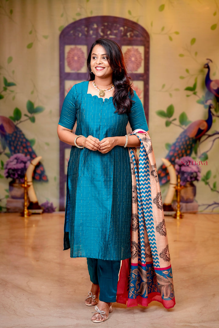 Oviyam raw silk Kurta 3 piece set with kalamkari dupptta