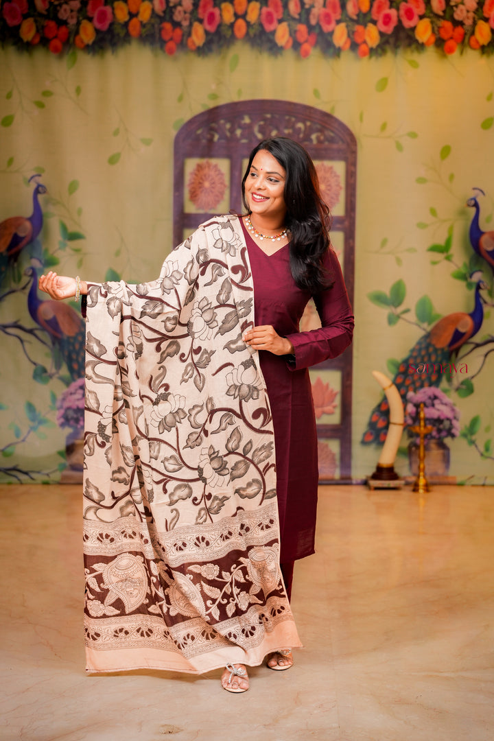 Malar -maroon  raw silk Kurta Set with hand painted kalamkari cotton dupptta