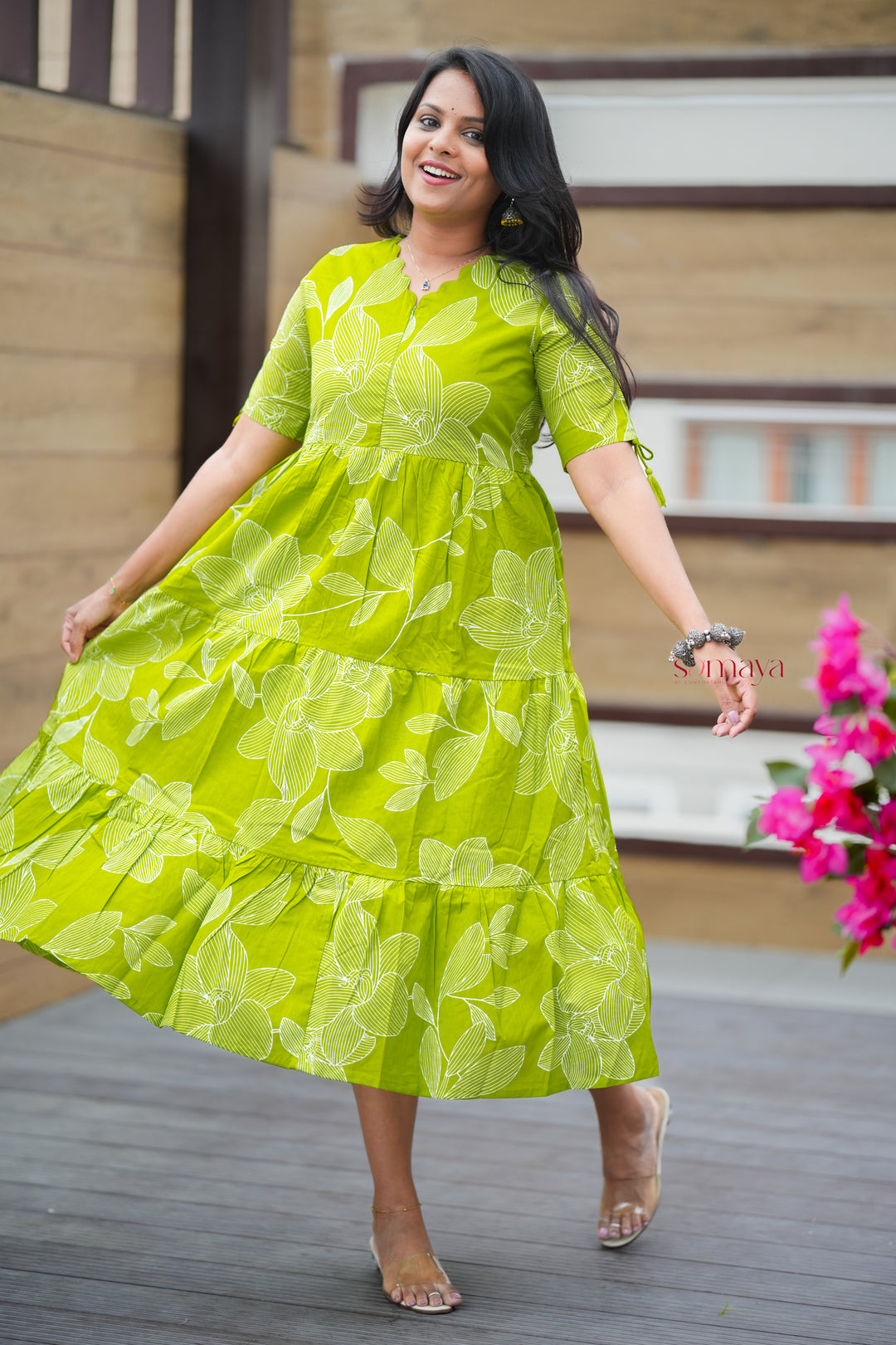 Pachai nirameh casual Dress With Lining