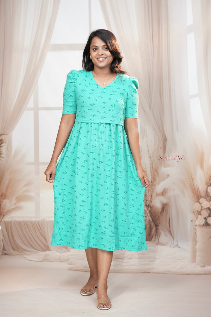 Calf Length Green Waffle Light Weight Dress